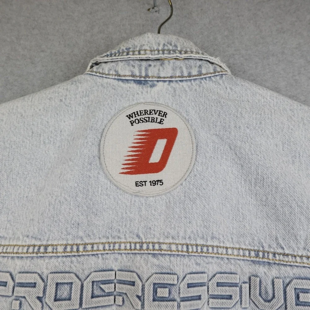 Zara Distressed Denim Jacket Mens Medium Graphic Patches Button Light Wash AOP